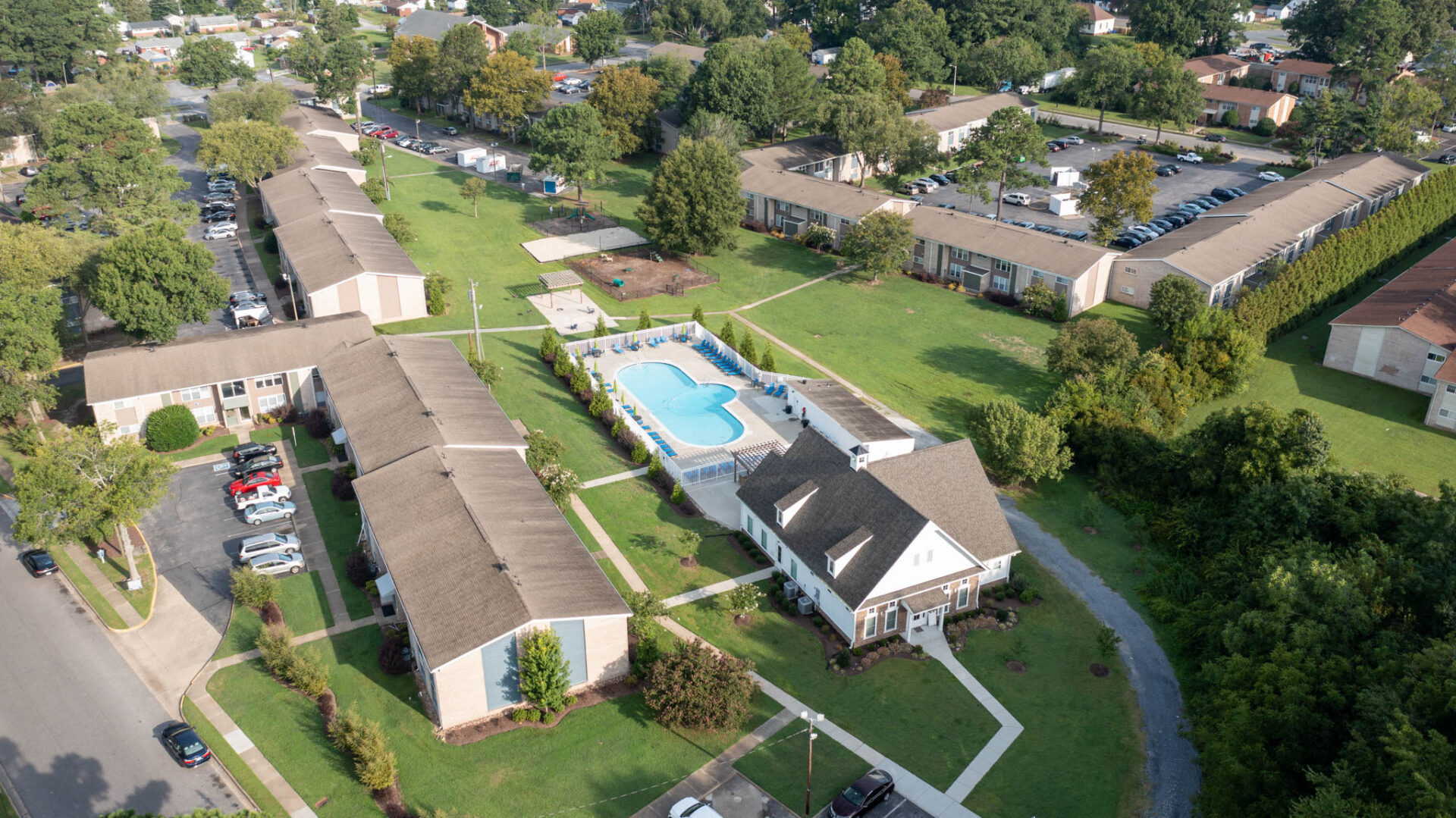 aerial view of entire complex including pool