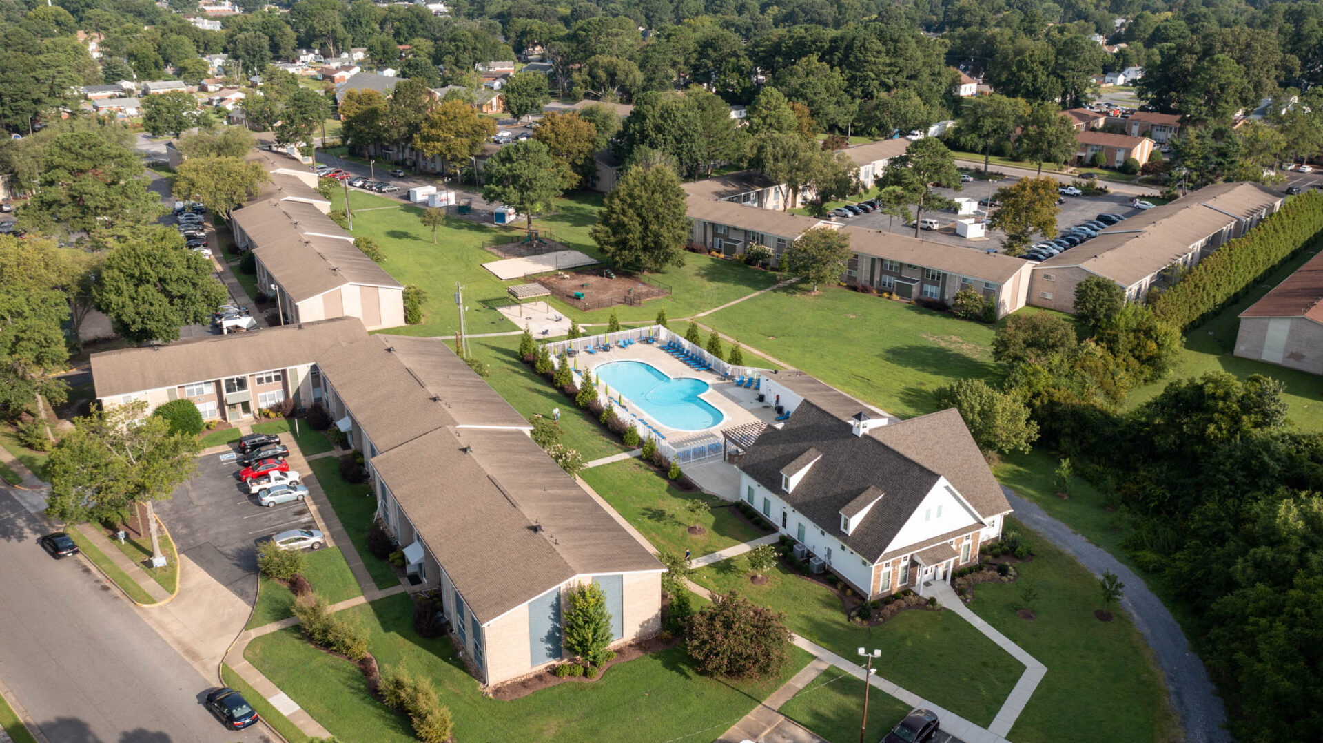 Aerial view of Crawford Farms including pool